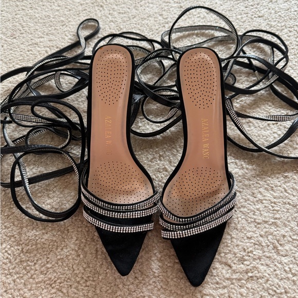 Azalea Wang Shoes - Black Crystal Lace-Up Pointed Toe Heels